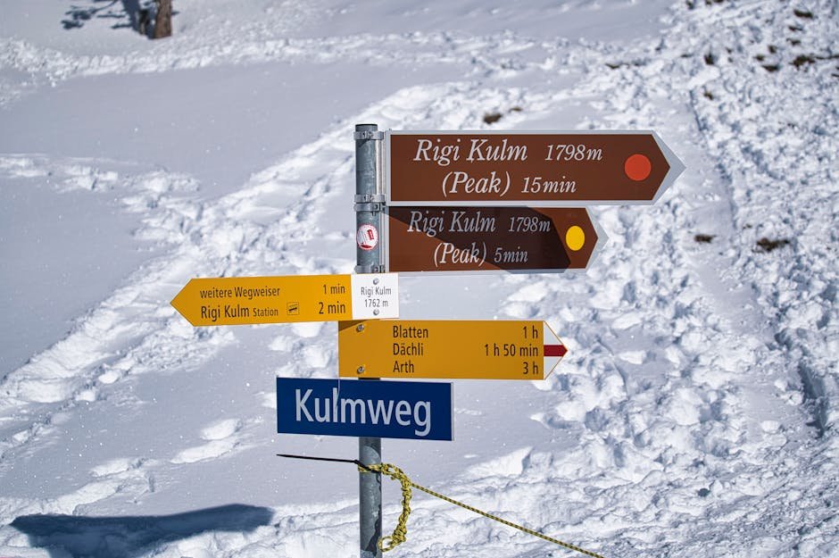 Panneaux directionnels sur un sentier de randonnée hivernale enneigé